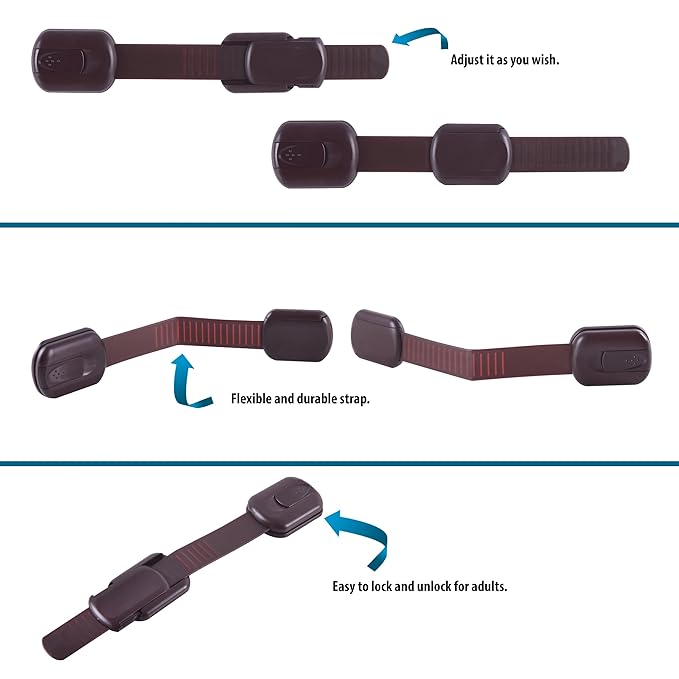 Child Safety Cabinet Locks (2 Pack) – Adjustable Baby Proofing Strap Latches with Strong 3M Adhesive – No Drill Childproof Locks for Drawers, Cabinets, Fridge, Door, Closet, Brown