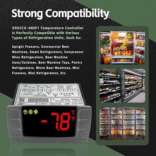 XR03CX-4N0F1 Temperature Controller with Sensor Probe, 120V Thermostat Controller Compatible with Dixell Temperature Controller Fit for Refrigerators/Freezer Replace # XR03CX, W0302186, XR03CX-4N1C0