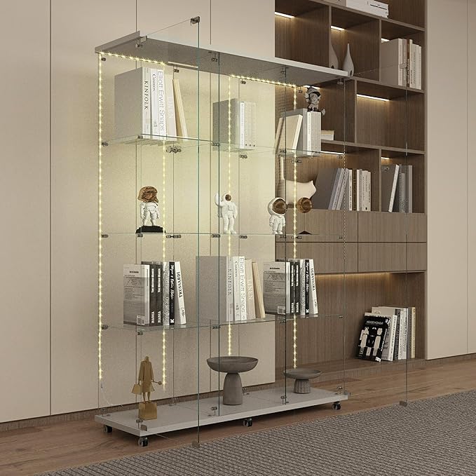 Yoluckea 4 Tiers Glass Display Cabinet Extra Large with Bluetooth LED Light Strip, 2 Doors Floor Standing Curio Cabinet with Universal Wheel for Home, White Glass Bookshelf for Collections, Wood Top