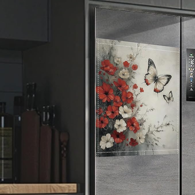 Butterfly Dishwasher Magnets Decorative Cover,Red White Flowers Magnet Fridge Panel Decal for Home Kitchen Decor,23x26 in