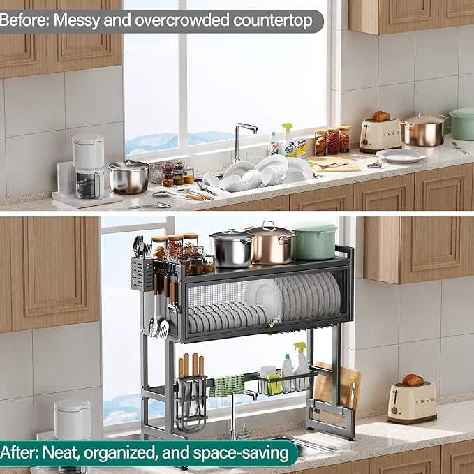 Over The Sink Dish Drying Rack with Cover, Over The Sink Dish Drainer Drying Rack 3 Tier Dish Rack, Keep Kitchen Sink Shlef Organized Space-Saving for Dishes and Cutlery (Matte Gray, 33.4" Length)