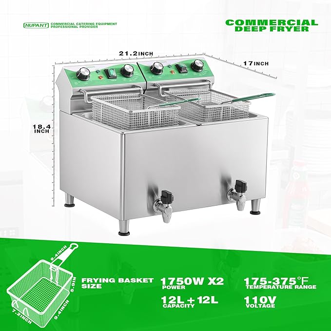 25.3QT/24L Commercial Deep Fryer with Oil Filtration and Timer Electric Deep Fryer with 2 Baskets and Lids Dual Tank Stainless Steel Large Countertop Fryer for Restaurant Use,110V 1750W x 2