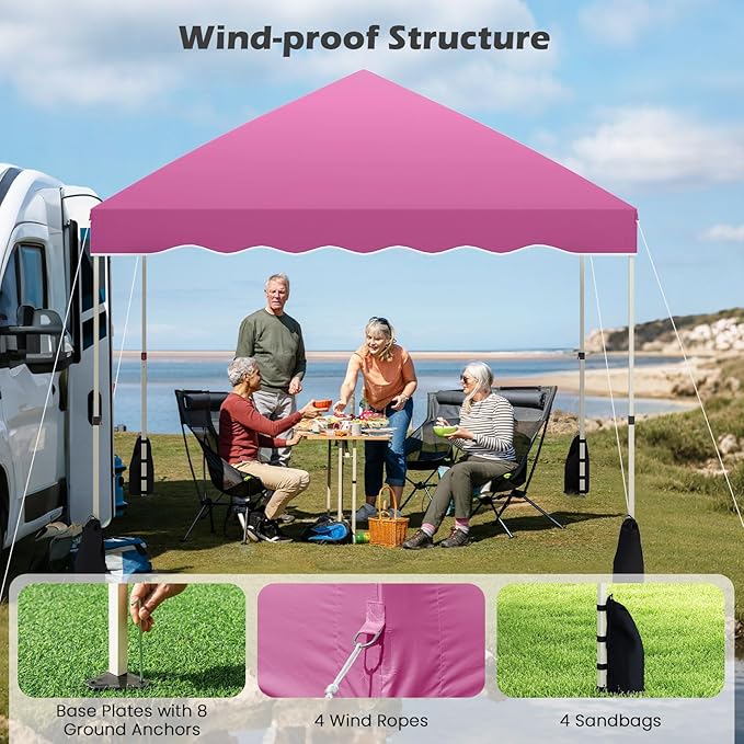 Tangkula 10x10 FT Pop Up Canopy, UPF50+ Easy Set up Instant Tent with Wheeled Bag, 8 Stakes, 4 Anchors, 4 Wind Ropes, 4 Sandbags, Heavy Duty Outdoor Canopy Tent 10x10 for Patio Party Backyard (Pink)