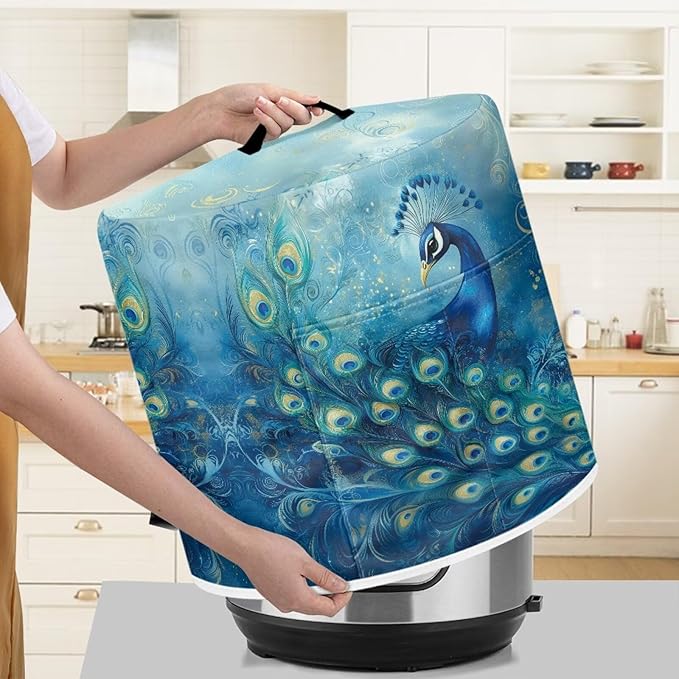 Xoenoiee Peacock Pattern Kitchen Appliance Dust Covers with Pockets, Electric Pressure Cooker Cover for 3qt Compatible with Crock Pot, Rice Cooker Cover, Small