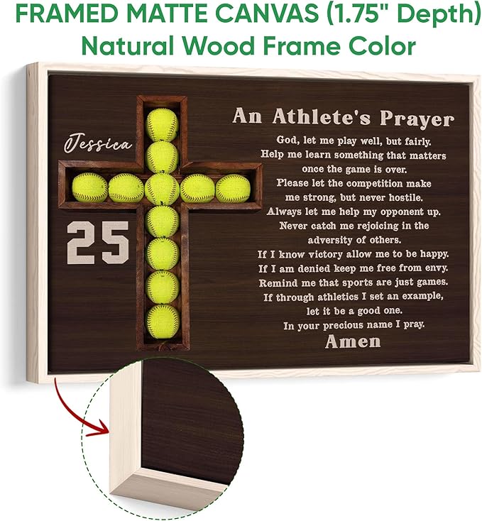 Personalized Softball Poster & Framed Canvas, An Athlete'S Prayer Home Office Decor, Custom Name Number Bedroom Living Room Aesthetic Wall Art Gift For Mom, Daughter, Wife, Girlfriend