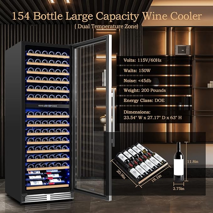 AAOBOSI 24 Inch Dual Zone Wine Fridge, 154 Bottles Wine Cooler Refrigerator，40-65°F Wine Refrigerator with 2 Glass Door，Built-in or Freestanding Fridge for Restaurant, Club, Lounge