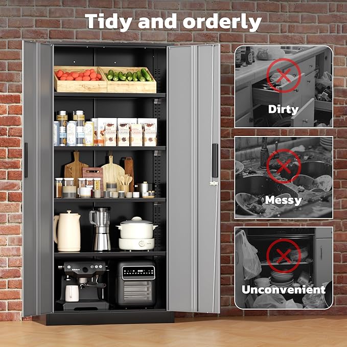 Greenvelly Metal Garage Storage Cabinet with 2 Doors and 4 Adjustable Shelves, 72”H Steel Lockable Storage Cabinet,Tall Metal Cabinet Locking File Cabinet for Office,Home, Garage, Gym, School