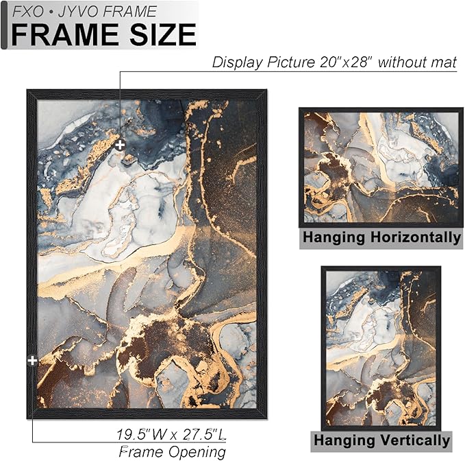 Engineered Wood 20 x 28 Frame Set of 2, Black Picture Frame for 20x28 Inch Poster Puzzle Photo, Light Weight 20by28 Poster Frame with Wood-grain for Wall - 2 Pack/Black/20 x28