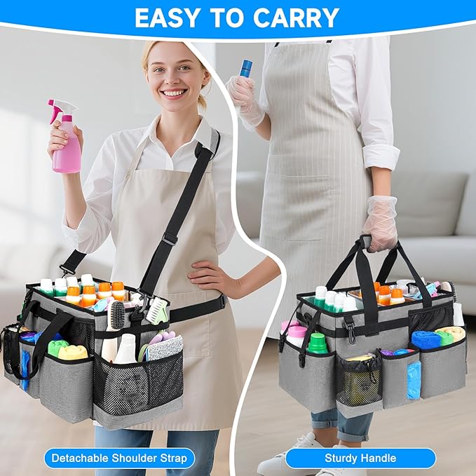 Cleaning Caddy Bag, Large Cleaning Supplies Organizer for Housekeepers, Housekeeping Caddy with Handle and Detachable Padded Cushion, Gray