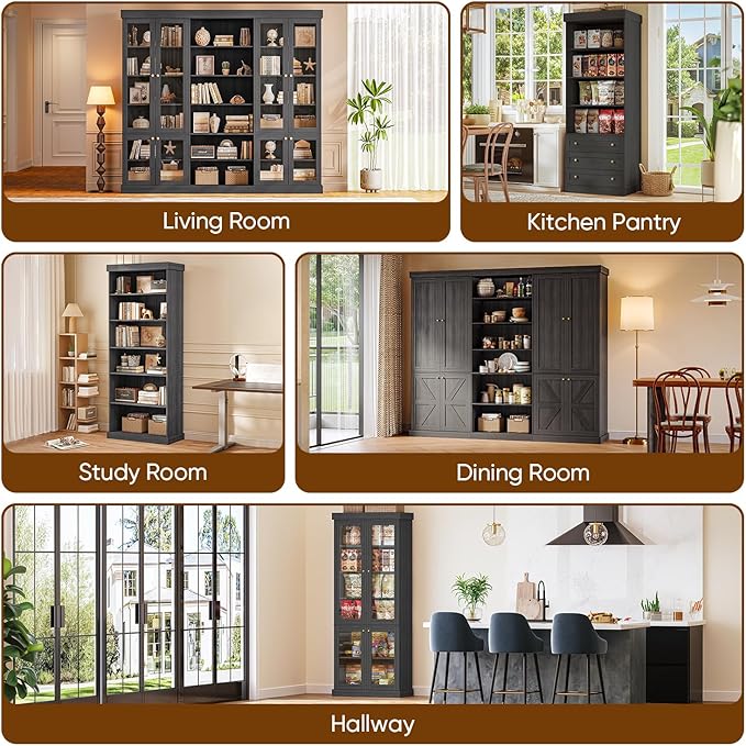 70.8" Tall Farmhouse Bookshelf, Modular Bookcase with Glass Doors, 6-Tier Adjustable Shelves, Large Storage Cabinet for Kitchen, Living Room, Black, Set of 4