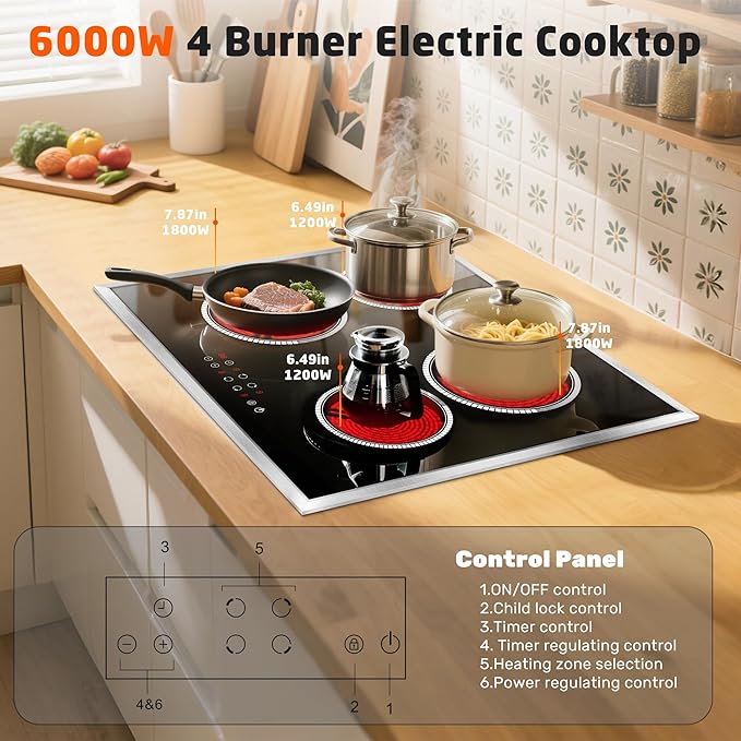 24 Inch Electric Cooktop 4 Burner Electric Stove, 6000W Built in Ceramic Stovetop with Touch Control 24", Timer, Child Lock, 9 Heating Level, 220-240v, Hard Wire(No Plug)
