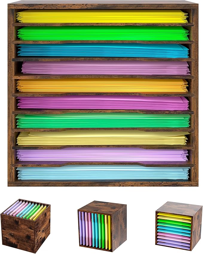EasyPAG Scrapbook Paper Storage Organizer for Craft Room, 12x12 Paper Storage Desk Shelf, 10 Slot Adjustable File Sorter for Office School Classroom, Antique
