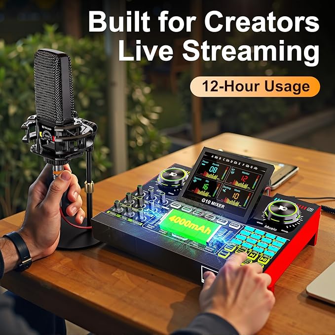 Live Sound Card Audio Mixer, Podcast Equipment Bundle with 3.5mm Condenser Microphone for Pc/Phone Live Streaming Singing Gaming, Sound Board with Voice Changer, Denoise