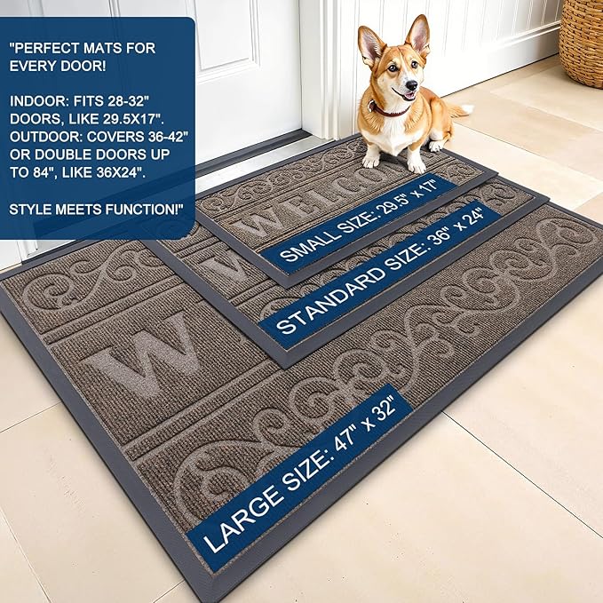 OLANLY Welcome Door Mat Indoor Outdoor Entrance, Heavy Duty Sturdy Front Door Mat, Waterproof All-Weather Doormat, Stain Resistant, Low Profile, Easy Clean Patio Entryway Mat, 47 x 24, Medium Brown