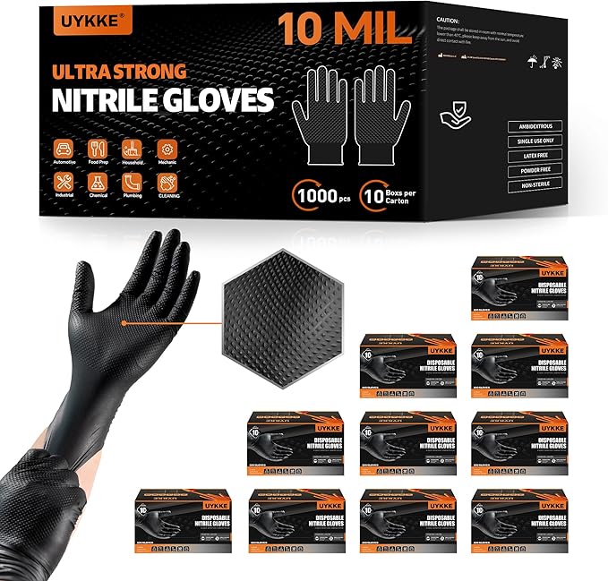 HEAVY DUTY 10 Mil Nitrile Gloves Disposable Rubber Cooking Gloves Industrial Raised Diamond Texture,Latex Free 1000PCs