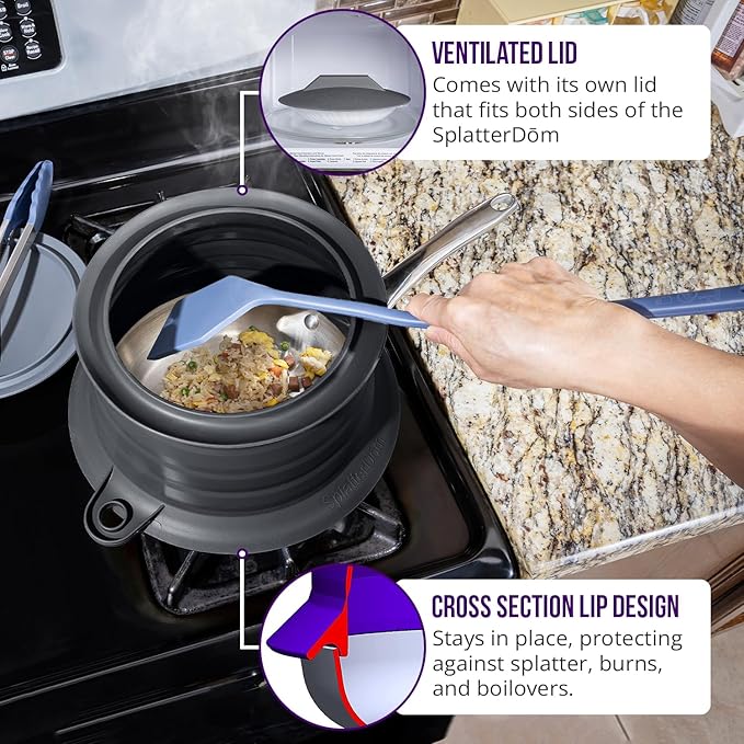 L.I.Q Silicone Splatter Guard – Fits 8 and 10 Inch Pots (20 and 25 Centimeters) – Microwave Safe and Durable SplatterDom - Includes 8” Lid - Food and Oil Splash Guard (Chic Metallic, Small)