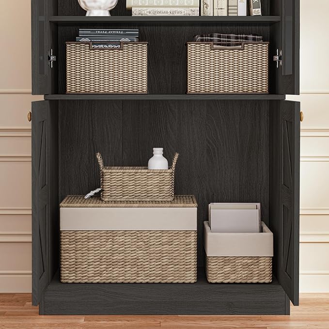 Vyre 71" Tall Farmhouse Kitchen Pantry, Set of 4 Large Storage Cabinets with Glass Doors, Adjustable Shelves, Wood Versatile Hutch Cabinet for Living Room, Dining Room, Black
