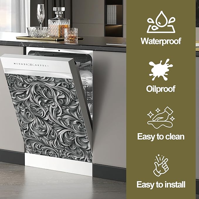 Black Vines Dishwasher Magnet Cover,Silver Foil Kitchen Decor Waterproof Refrigerator Magnet Appliance Cover Protector,23Wx26H Inches