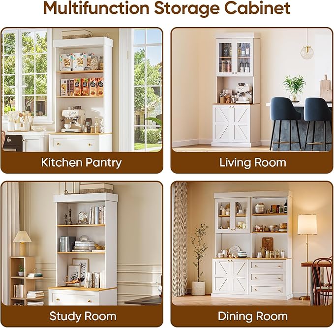 71" Tall Farmhouse Kitchen Pantry, Large Storage Cabinet with Glass Doors, Freestanding Coffee Bar Hutch with Microwave Stand, Adjustable Shelves for Kitchen, Living Room, White
