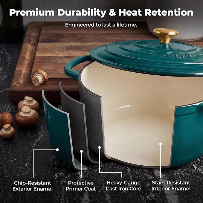 Zulay Kitchen 6 Quart Enameled Cast Iron Dutch Oven Pot with Lid – Premium Durability & Oven Safe up to 500°F – Heavy Duty Cookware Perfect for Bread Baking, Stews, Braising & Roasting – Emerald