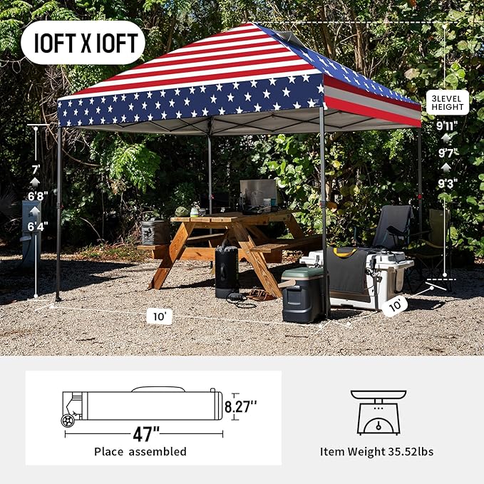 CROWN SHADES 10x10 Pop Up Canopy - Patented Center Lock One Push Instant Outdoor Canopy Beach Tent with STO-N-Go Bag 8 Stakes & 4 Sand Bags，American Flag