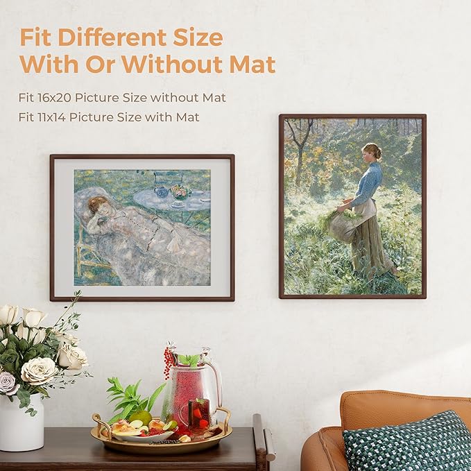 Axeman 16 x 20 Walnut Frame - Rounded Corner 16x20 Picture Frame Matted to 11x14 - Natural Walnut Wood Photo Frame with Tempered Glass for Wall Mount Display