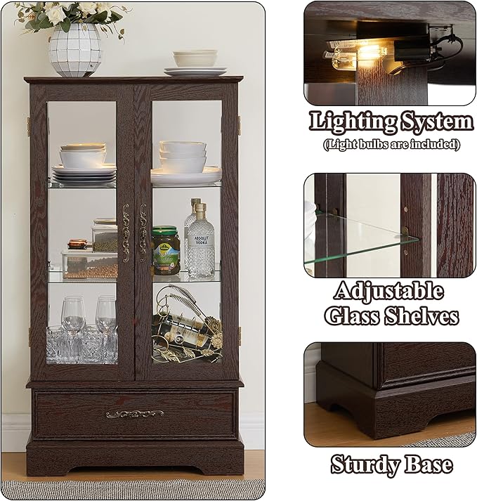 47" H Lighted Curio Cabinet Display Case, Glass Case with Adjustable Shelves,Tempered Glass Door and Drawer, Wooden Curio Cabinet with Mirrored Back Pane for Living Room (Dark Cherry)