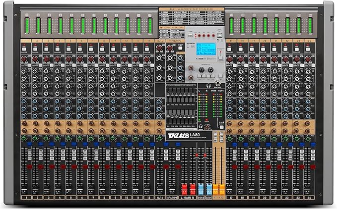 Professional Audio Mixer, 24 Channel Sound Board Mixing Console, Dual DSP Reverb, Dual 7-Band EQ, 48V Phantom Power, 4 Group Stereo Output Input, Mixer for Church