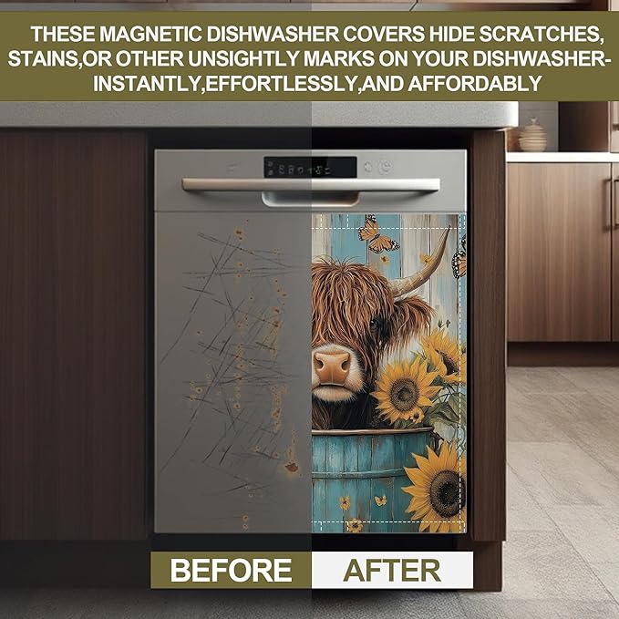Highland Cow Magnetic Dishwasher Cover,Sunflower Butterfly Dishwasher Covers for The Front Magnetic Dishwasher Panel Decal Cover for Kitchen 23x26inch