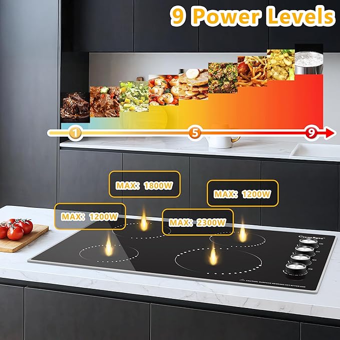 30 Inch Induction Cooktop, 4 Burner Electric Cooktop with 9 Power Levels, Knob Control, Auto shutdown and Residual Heat Warning, 6500W, 220-240V for Hard Wire