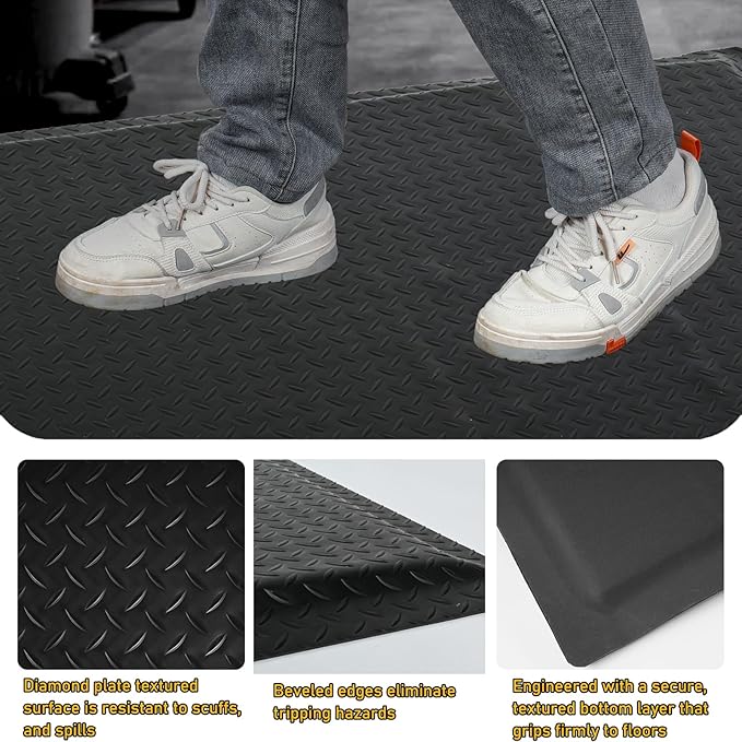 Nisorpa Anti Fatigue Mats Industrial 3' x 6' Ergonomic Standing Mat 15/16" Extra Thick Cushioned Shop Floor Mats Kitchen Mats Heavy Duty Commercial Diamond Plate Support for Leg & Back Pain, Black