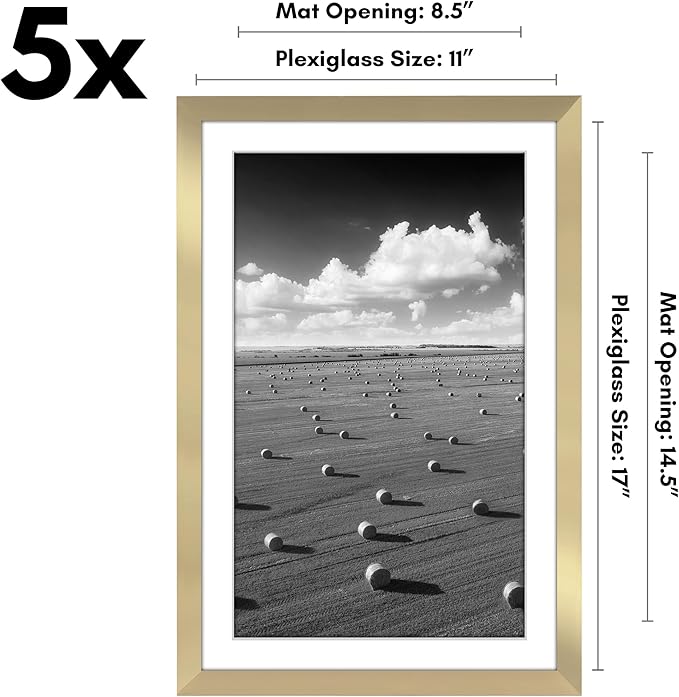 Americanflat 11x17 Picture Frame with Polished Plexiglass - Set of 5 - Use as 9x15 Frame with Mat or Display 11x17 Photo Without Mat - Galleria Collection - Picture Frames for Wall Display - Gold