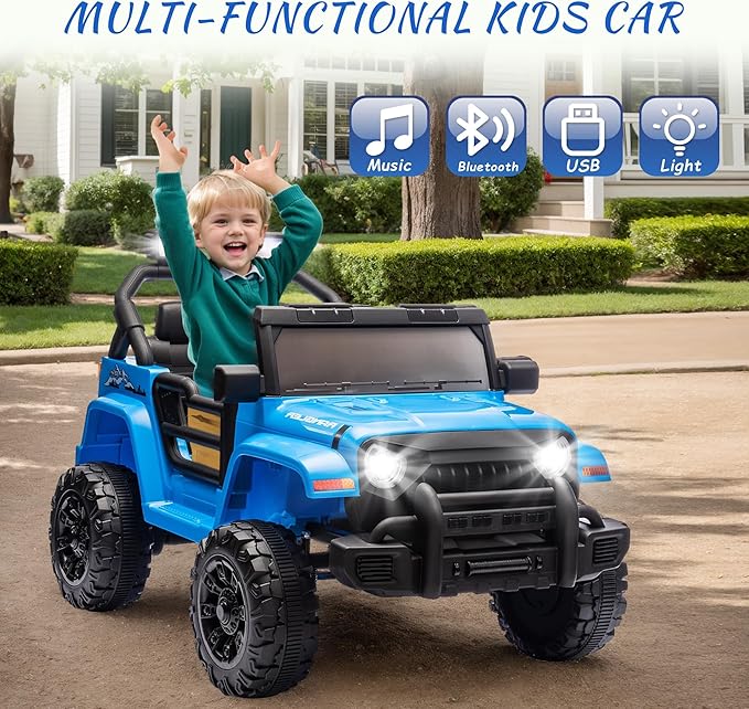 Kid's Ride on Truck Car, 12V Electric Car W/Parents Control, Ride on Toys for Toddlers with Music, Bluetooth, Four-Wheels Suspension, USB, Headlights, Blue