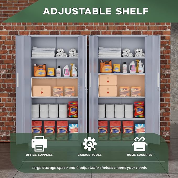 Greenvelly Metal Storage Cabinet,72" Locking Metal Garage Storage Cabinet with Doors and 4 Adjustable Shelves, Lockable Steel Cabinet for Home Office, Garage, Shop, School (Dark Grey 32" W x 16" D)