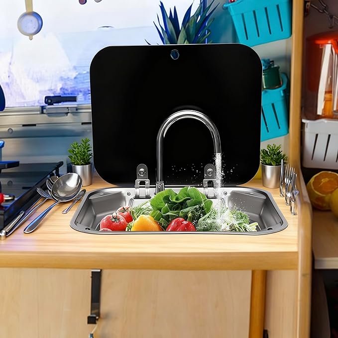 Folding RV Sink & Faucet Combo W/Lid, Bar Kitchen Sink 15 x 17 In Undermount Drop-in Sinks 304 Stainless Steel Single Bowl Workstation Sink Caravan Camper Van Boat Trailer Sink Hand Wash Basin