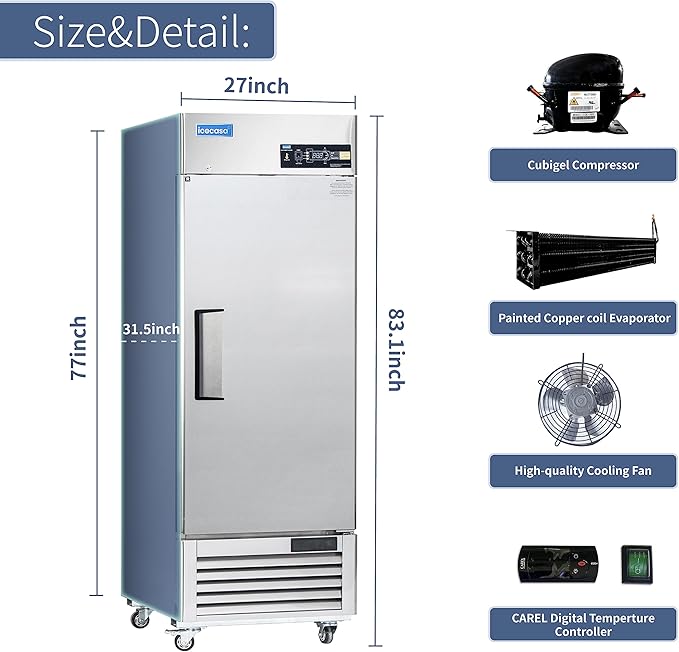 ICECASA 27" W Commercial Refrigerator Reach-in 23 Cu.ft Single Solid Door Stainless Steel Commercial Refrigerator Fan Cooling for Restuarant, Bar, Shop, etc