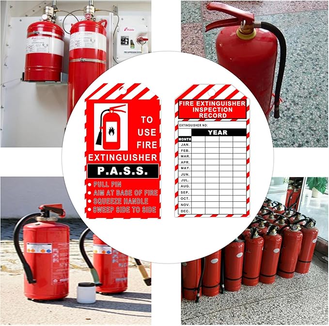 25 Pack Monthly Fire Extinguisher Inspection Tags Record 4 Year with Adjustable Wire Ties - 3.25 x 5.75 Inch PP Extinguisher Recharge and Inspection Record Tag for Indoor Outdoor Fire Extinguishers