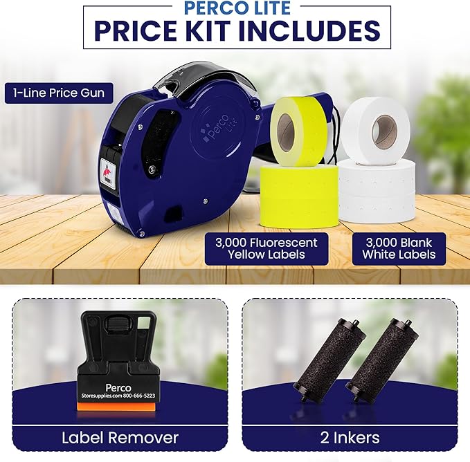 Perco Lite 1 Line Price Gun with Labels Kit - Includes 3 White Rolls, 3 Yellow Rolls, 2 Ink Rollers, 1 Ink roll and Labels Pre-Loaded