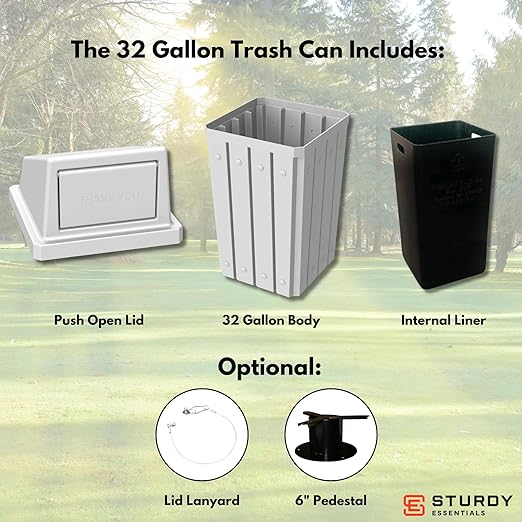 Campus Collection 32 Gallon Square Slatted 100% Recycled Plastic Heavy-Duty Commercial Outdoor or Indoor Trash Can with Push Top Lid | Great for Schools and Businesses - White