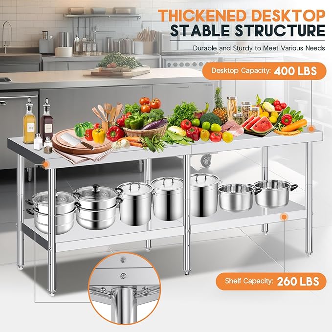 Jocisland 30" x 82" Stainless Steel Table for Prep & Work Adjustable Under Shelf and Feet, for Commercial Kitchen, Restaurant, Hotel and Garage