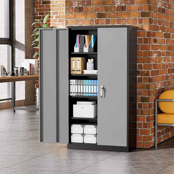 Greenvelly Metal Garage Storage Cabinet with 2 Doors and 4 Adjustable Shelves, 72”H Steel Lockable Storage Cabinet,Tall Metal Cabinet Locking File Cabinet for Office,Home, Garage, Gym, School
