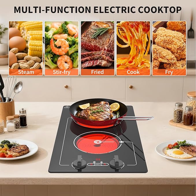 VBGK Electric cooktop,Built-in Design and Countertop Stove Top with Knob Control&Touch Control,9 Power Level, Timer & Kid Safety Lock,110-120V 2100W 2 burner Electric cooktop