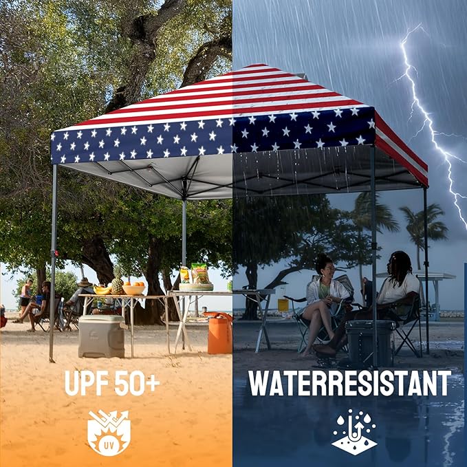 CROWN SHADES 10x10 Pop Up Canopy - Patented Center Lock One Push Instant Outdoor Canopy Beach Tent with STO-N-Go Bag 8 Stakes & 4 Sand Bags，American Flag