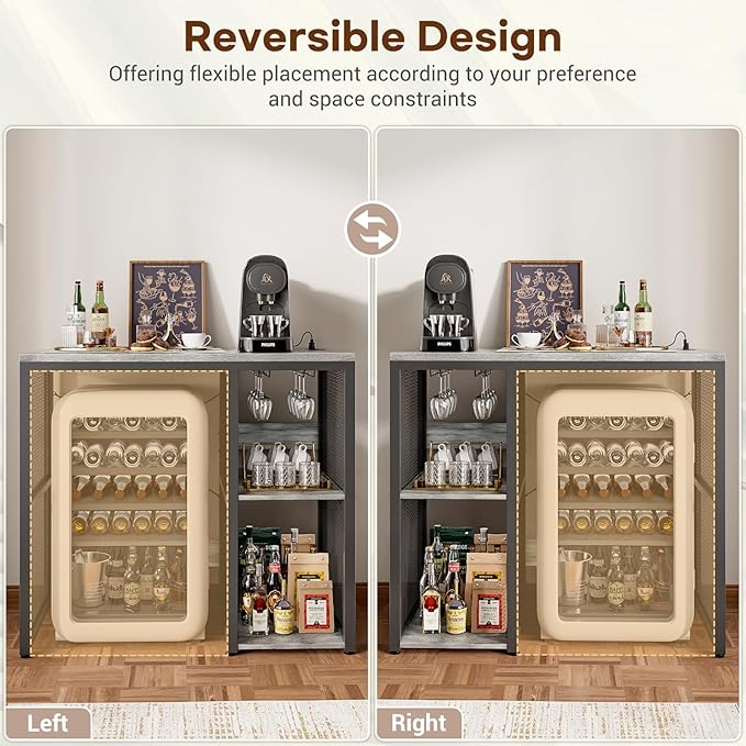 Homieasy Mini Fridge Cabinet Stand with Power Outlet, Coffee Bar Cabinet with Mini Fridge Space, Bar Stand with Microwave Shelf with Wine Rack for Kitchen, Dorm,Light Oak
