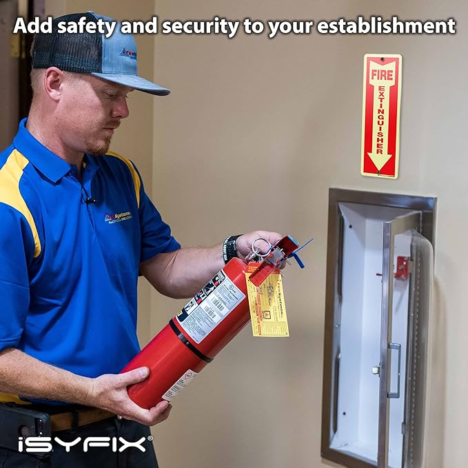 iSYFIX Fire Extinguisher Glow in the Dark Aluminum Signs – 10 Pack 4x12 Inch – Photoluminescent, Laminated for Ultimate UV and Fade Resistance, Indoor and Outdoor, for Business, Schools, Hospitals,