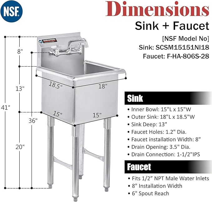 DuraSteel 304 Stainless Steel Utility Sink - 15 Inch Freestanding Prep Sink with Faucet - Dual CEC & NSF Certified Wash Station for Kitchen, Laundry, Garage & Restaurant