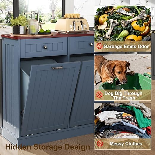 Tilt Out Trash Can Cabinet with Double Hidden Trash Bin Holder, Kitchen Free Standing Recycling Cabinet,Dog Proof Trash Can,Wood, Blue