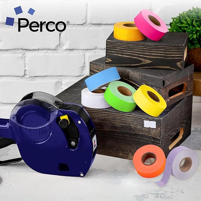 Perco 1 Line Multicolored Sleeves—80 Rolls, 10 Sleeves, 80,000 Labels for Perco Lite, X, Plus & Pro Guns—Includes White, Yellow, Blue, Lavender & Fluorescent Colors (Red Green Pink Orange)—Made in USA