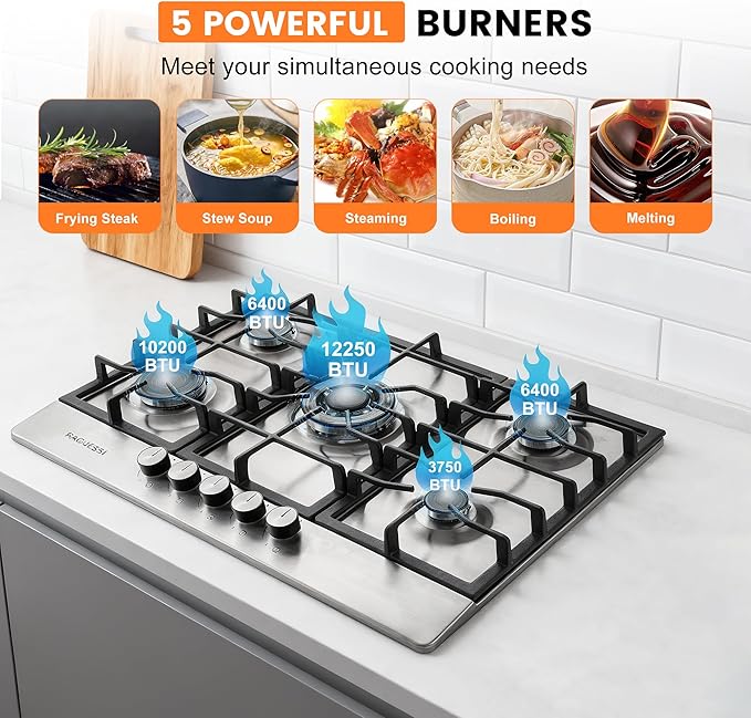 30 Inch Gas Cooktop,Built-in 5 Burners 304 Stainless Steel Gas Stovetop，NG/LPG Convertible Cooktops，Flame Failure Protection & Efficient Cooking