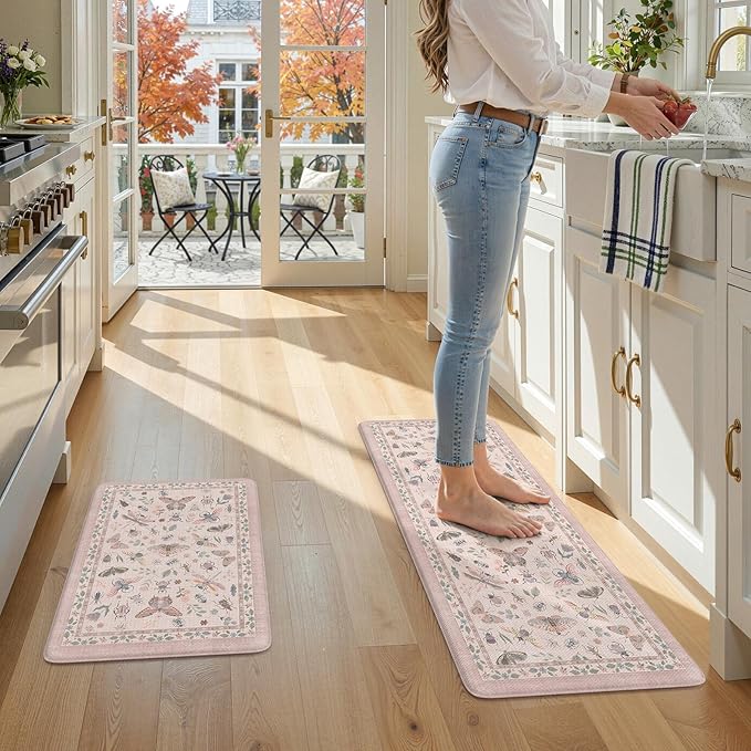 LEEVAN Anti Fatigue Mats for Kitchen Floor Non-Slip, Cushioned Kitchen Mats for Floor 2 Piece, Pink Memory Foam Kitchen Mat Set, Waterproof Ergonomic Standing Mat for Bar, Office,Desk, Laundry